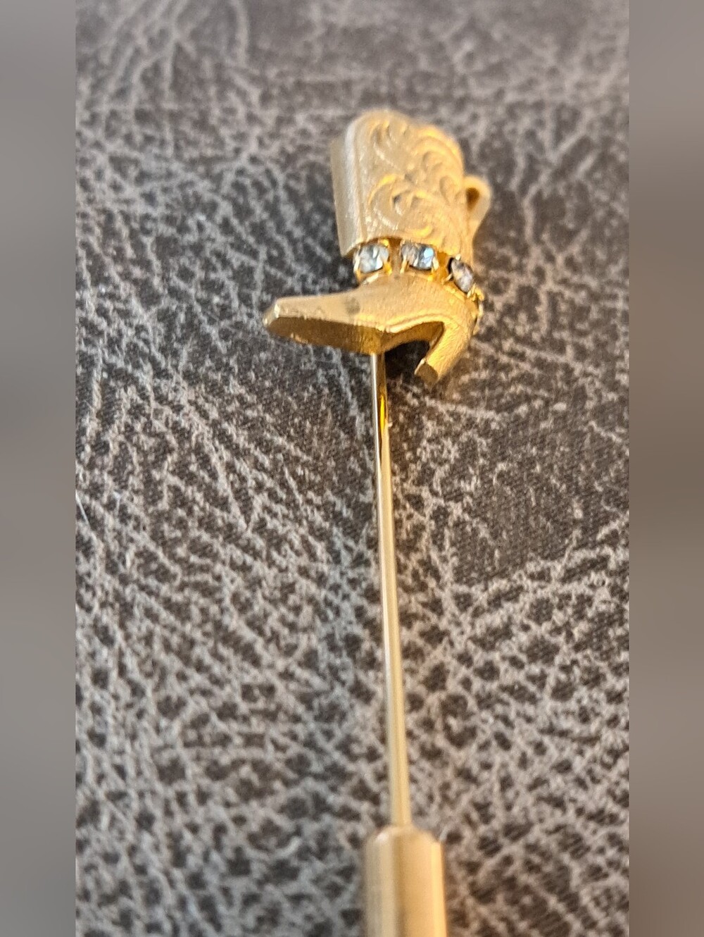 Gold Tone Cowboy Boot Stick Pin with Rhinestones